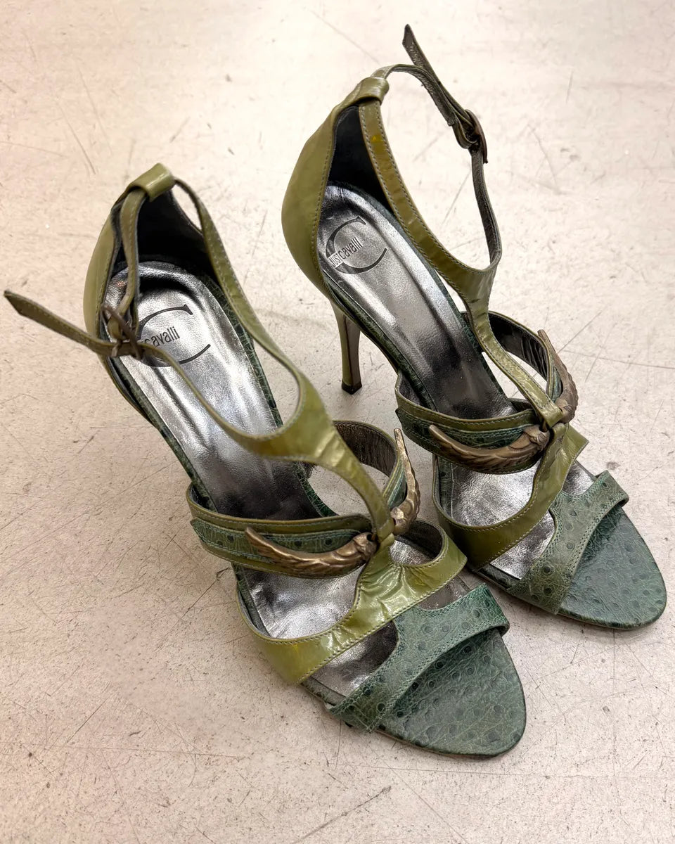 AW2008 Cavalli Olive Ostrich Effect Leather Strappy Heels pnLcOQA 2