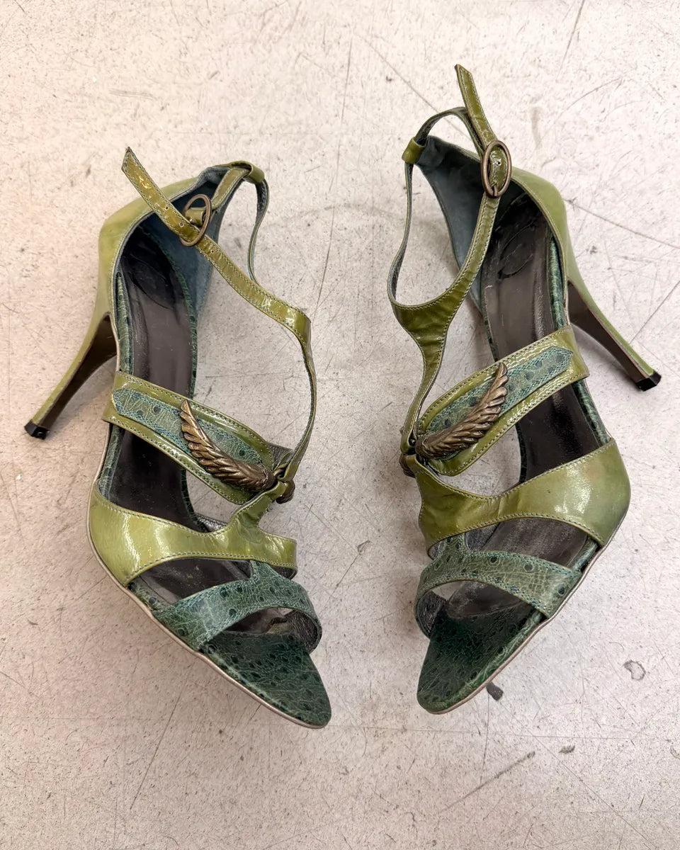 AW2008 Cavalli Olive Ostrich Effect Leather Strappy Heels pnLcOQA 3