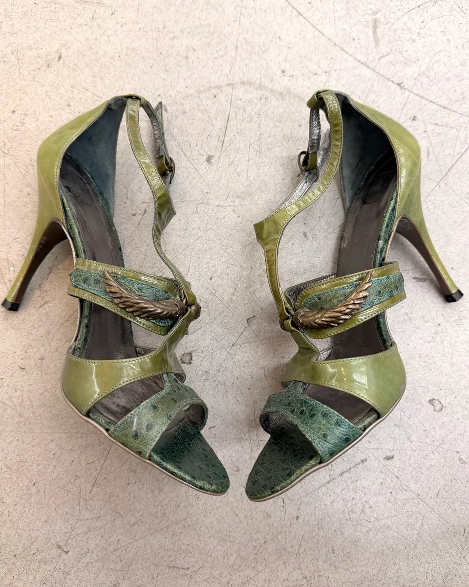 AW2008 Cavalli Olive Ostrich Effect Leather Strappy Heels pnLcOQA 4
