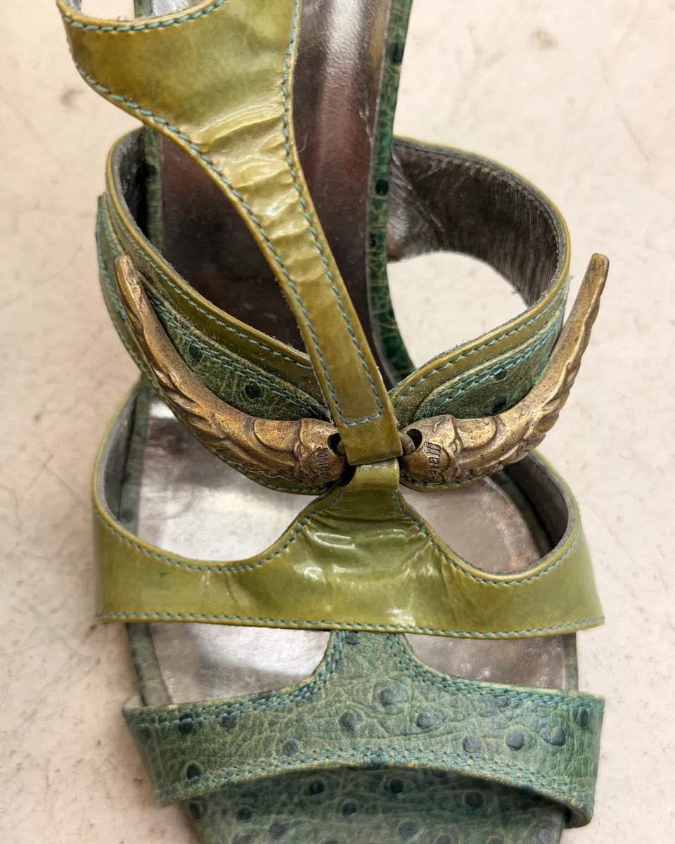 AW2008 Cavalli Olive Ostrich Effect Leather Strappy Heels pnLcOQA 6