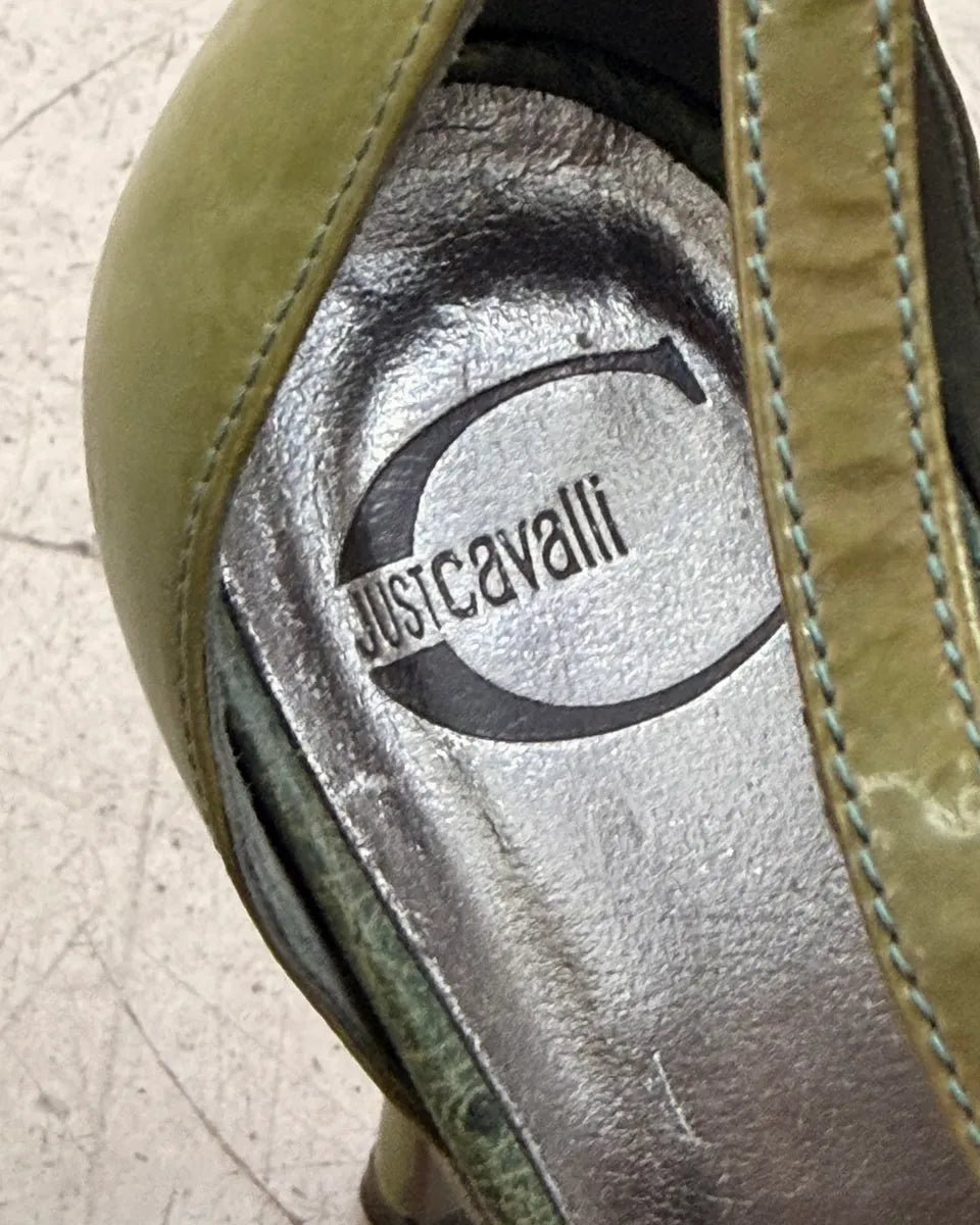 AW2008 Cavalli Olive Ostrich Effect Leather Strappy Heels pnLcOQA 8