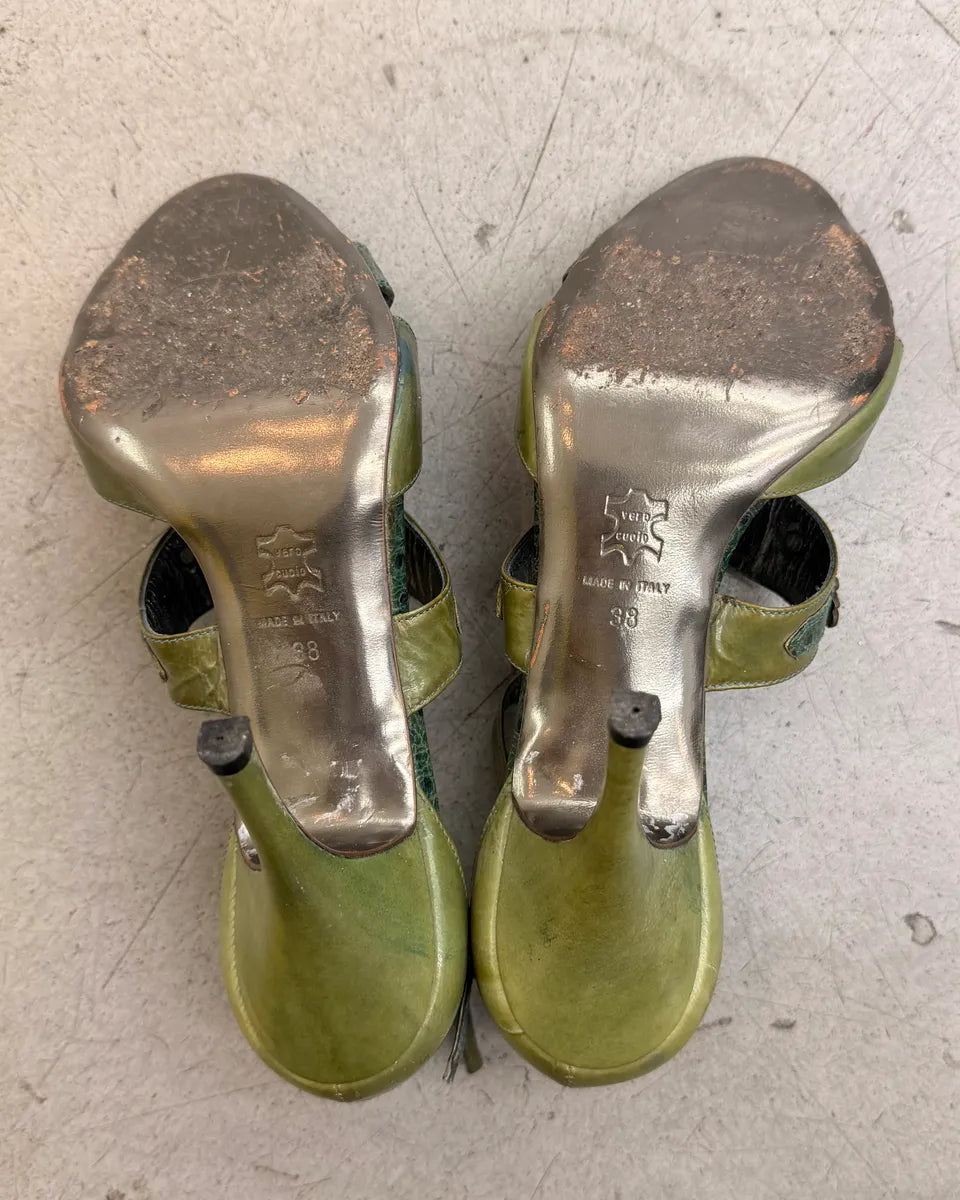 AW2008 Cavalli Olive Ostrich Effect Leather Strappy Heels pnLcOQA 9