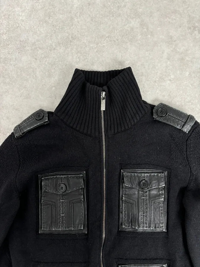 AW2008 Dirk Bikkembergs Black Hybrid Wool & Leather Minimalist Zip-up Sweater dyRjmTu 3