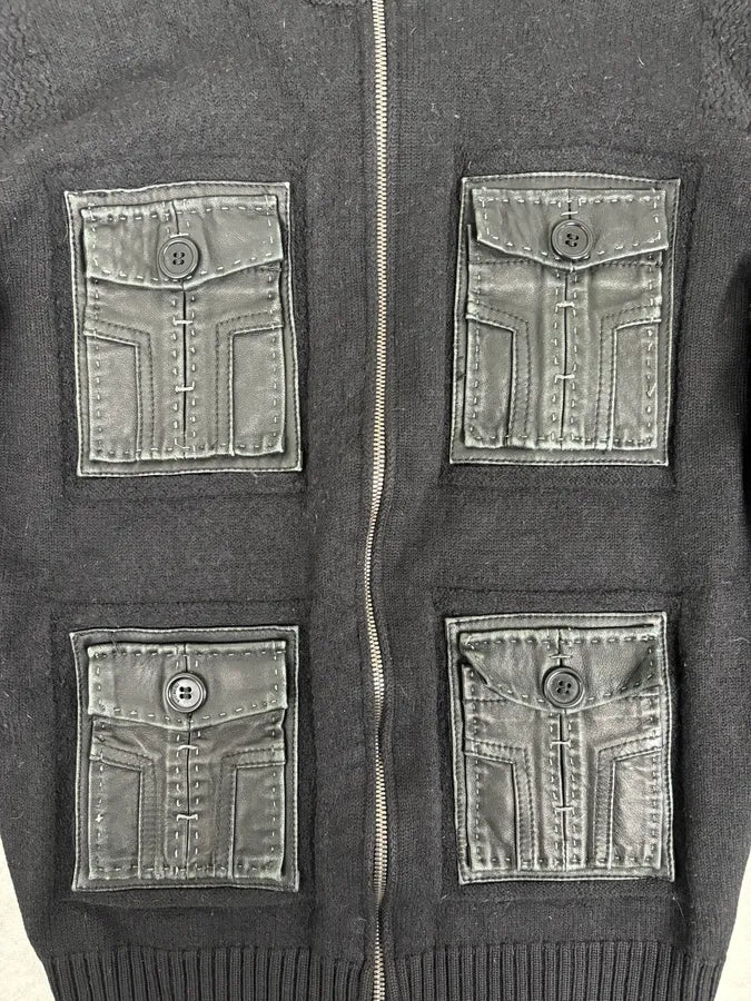 AW2008 Dirk Bikkembergs Black Hybrid Wool & Leather Minimalist Zip-up Sweater dyRjmTu 8