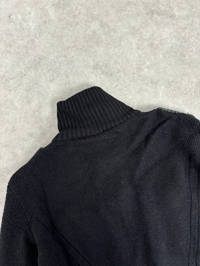 AW2008 Dirk Bikkembergs Black Hybrid Wool & Leather Minimalist Zip-up Sweater dyRjmTu 5
