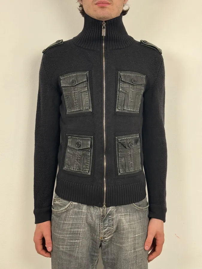 AW2008 Dirk Bikkembergs Black Hybrid Wool & Leather Minimalist Zip-up Sweater dyRjmTu 1