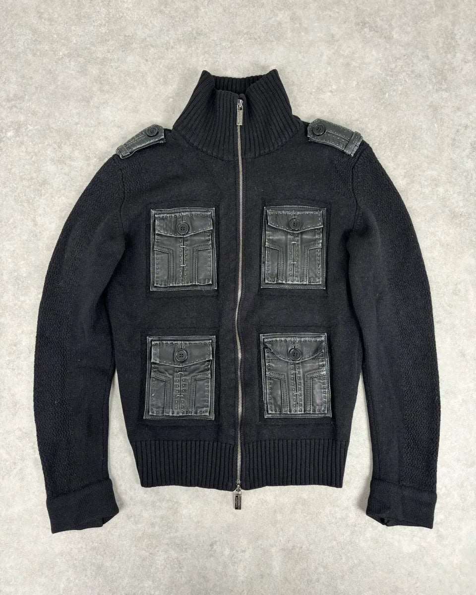 AW2008 Dirk Bikkembergs Black Hybrid Wool & Leather Minimalist Zip-up Sweater dyRjmTu 0