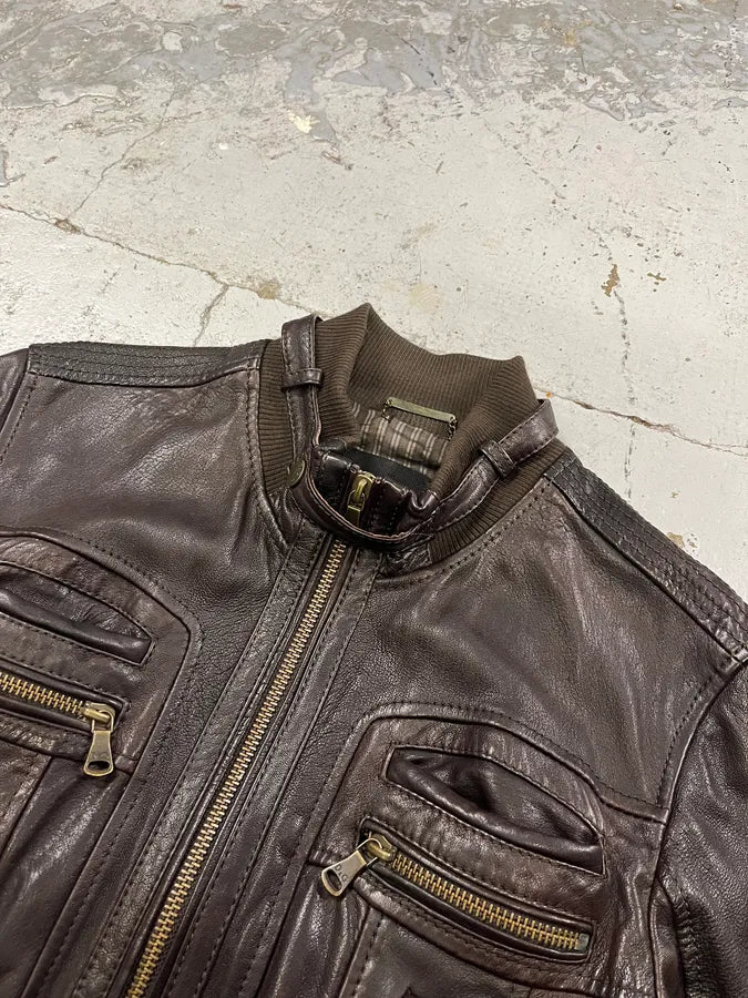 AW2008 Dolce & Gabbana Brown Leather Biker Jacket pjaCcJV 4