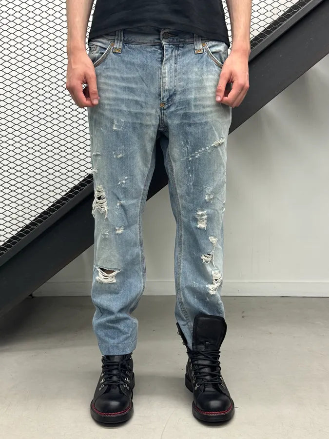 AW2008 Dolce & Gabbana Distressed Gold Logo Light Blue Denim Jeans xlUYGVY 0