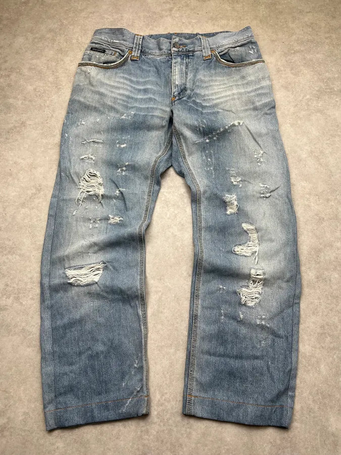 AW2008 Dolce & Gabbana Distressed Gold Logo Light Blue Denim Jeans xlUYGVY 3