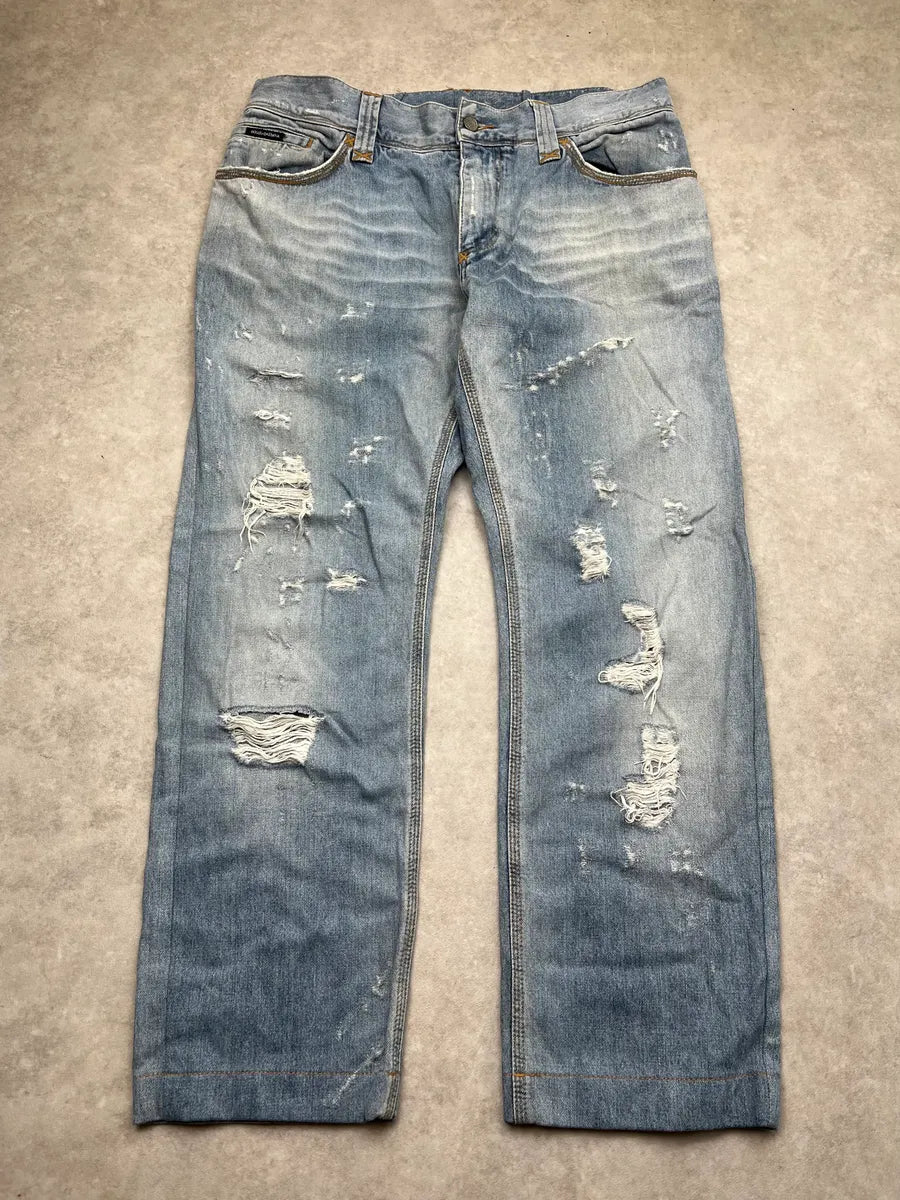 AW2008 Dolce & Gabbana Distressed Gold Logo Light Blue Denim Jeans xlUYGVY 4