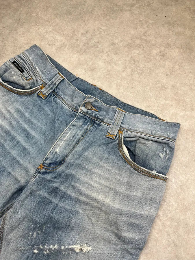 AW2008 Dolce & Gabbana Distressed Gold Logo Light Blue Denim Jeans xlUYGVY 5