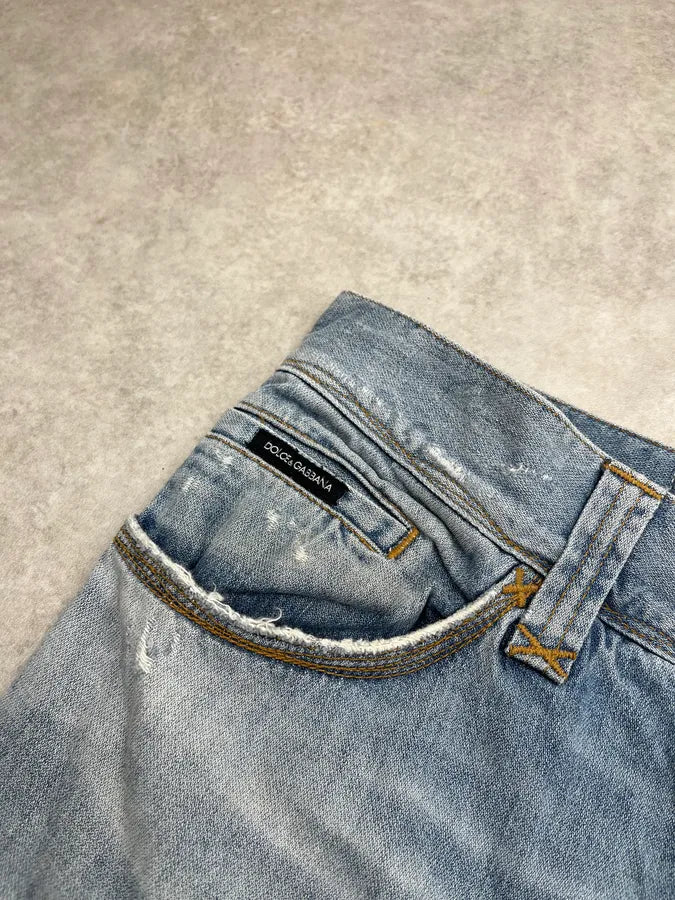 AW2008 Dolce & Gabbana Distressed Gold Logo Light Blue Denim Jeans xlUYGVY 7
