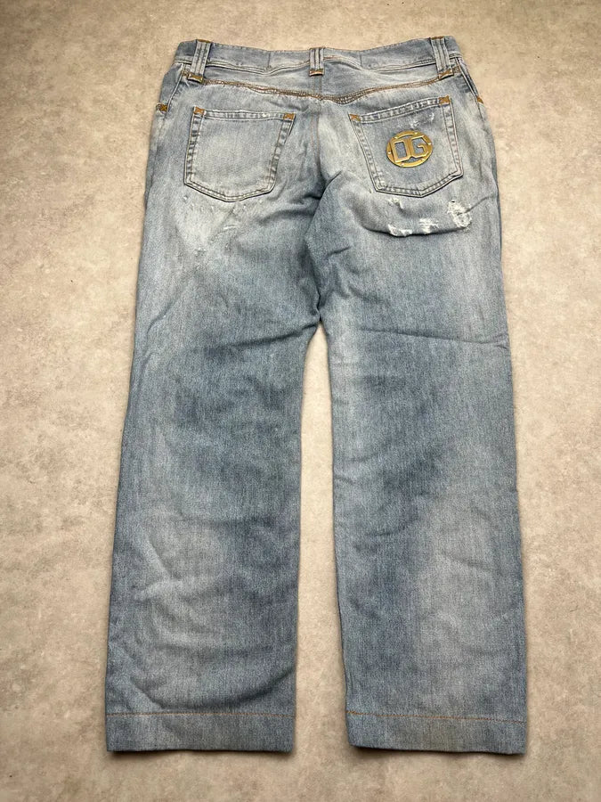 AW2008 Dolce & Gabbana Distressed Gold Logo Light Blue Denim Jeans xlUYGVY 8