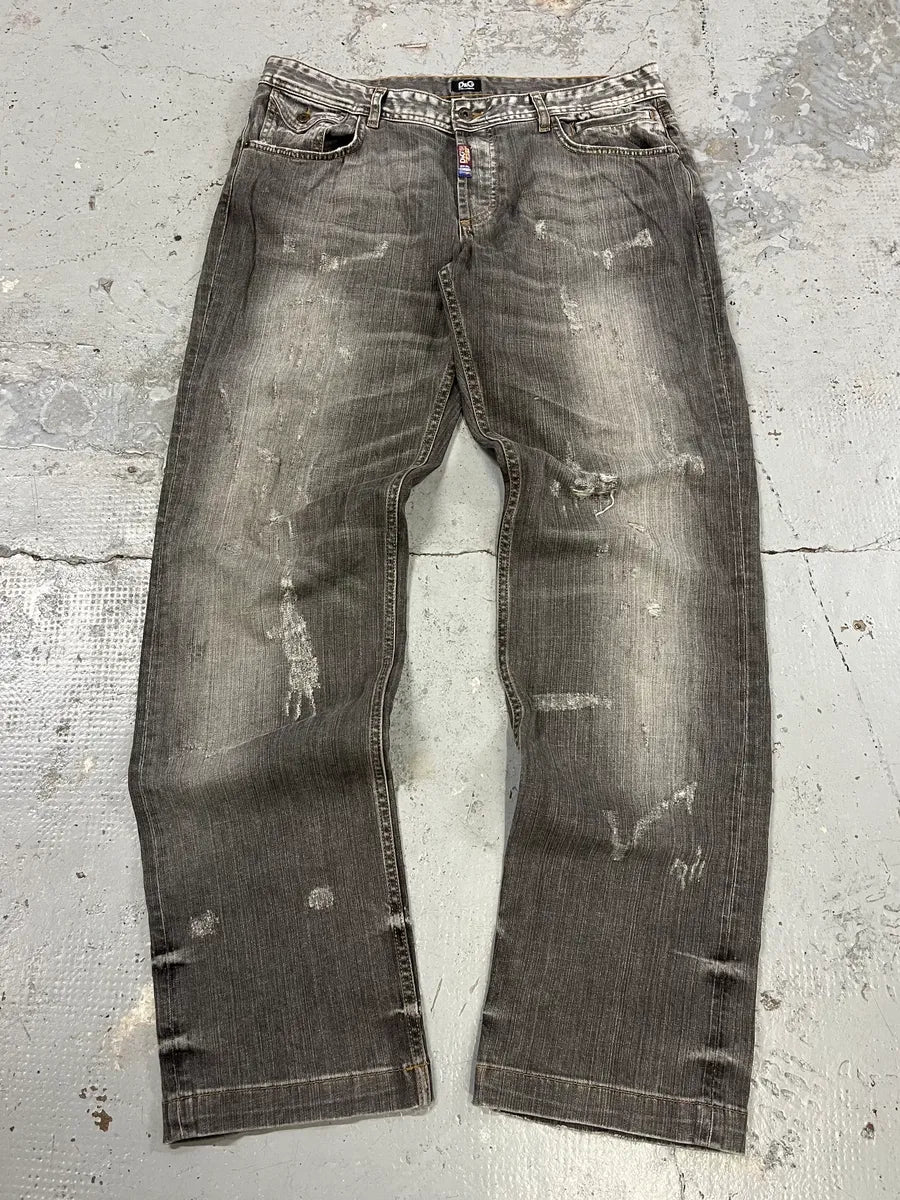 AW2008 Dolce & Gabbana Grey Faded Distressed Denim Jeans NaJTYNZ 0