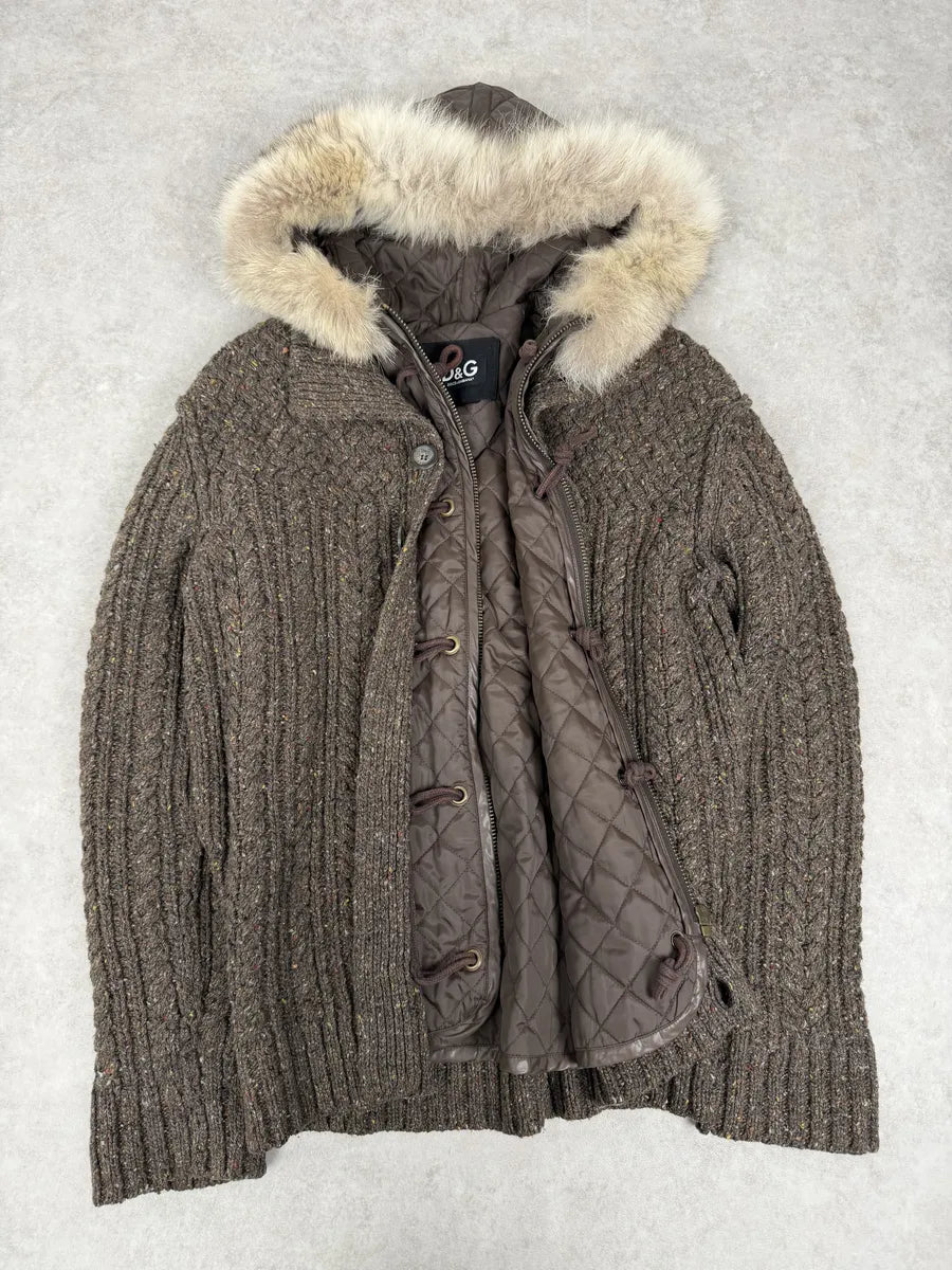 AW2008 Dolce & Gabbana Khaki Wool Layered Fur Collar Jacket IeysjYf 6
