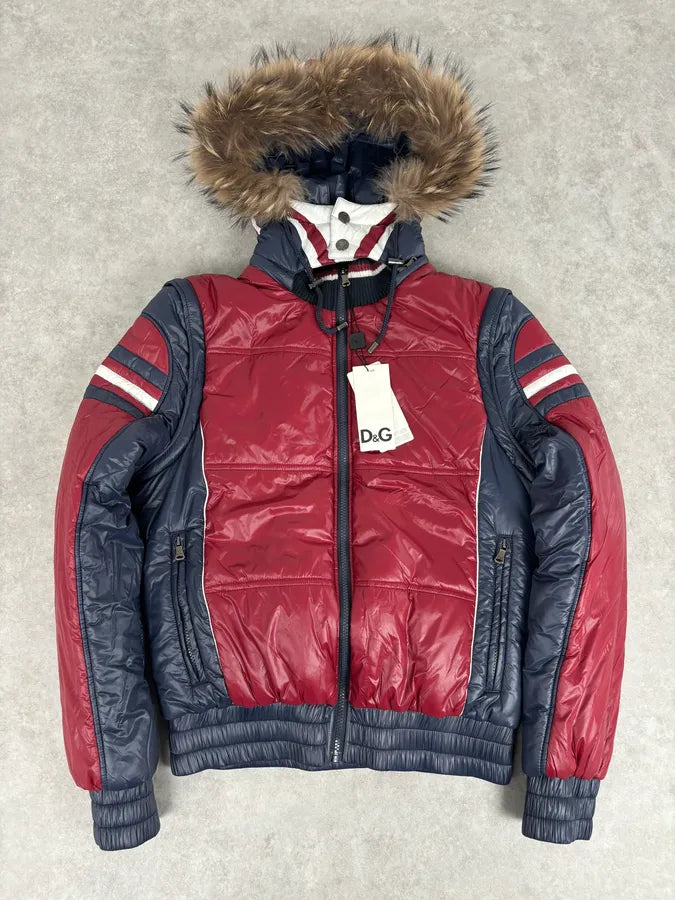 AW2008 Dolce & Gabbana UK Flag Blue & Red Fur Hooded Puffer Jacket YxGIqwS 0