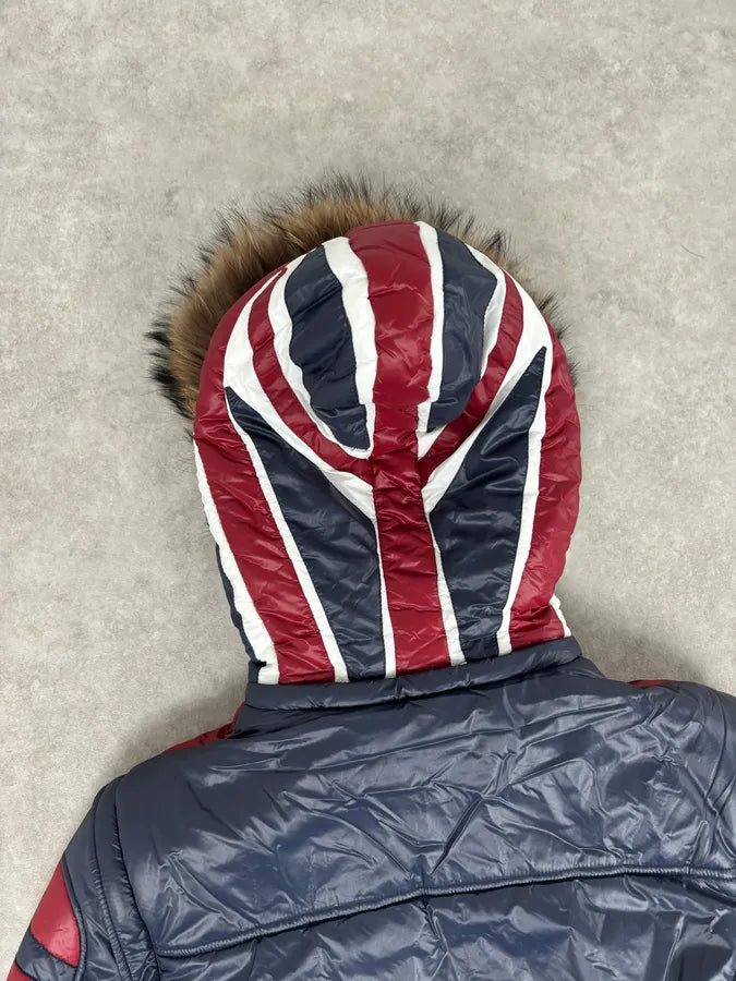 AW2008 Dolce & Gabbana UK Flag Blue & Red Fur Hooded Puffer Jacket YxGIqwS 7
