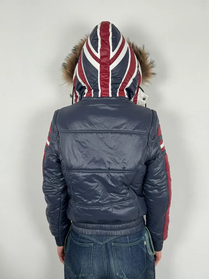 AW2008 Dolce & Gabbana UK Flag Blue & Red Fur Hooded Puffer Jacket YxGIqwS 4