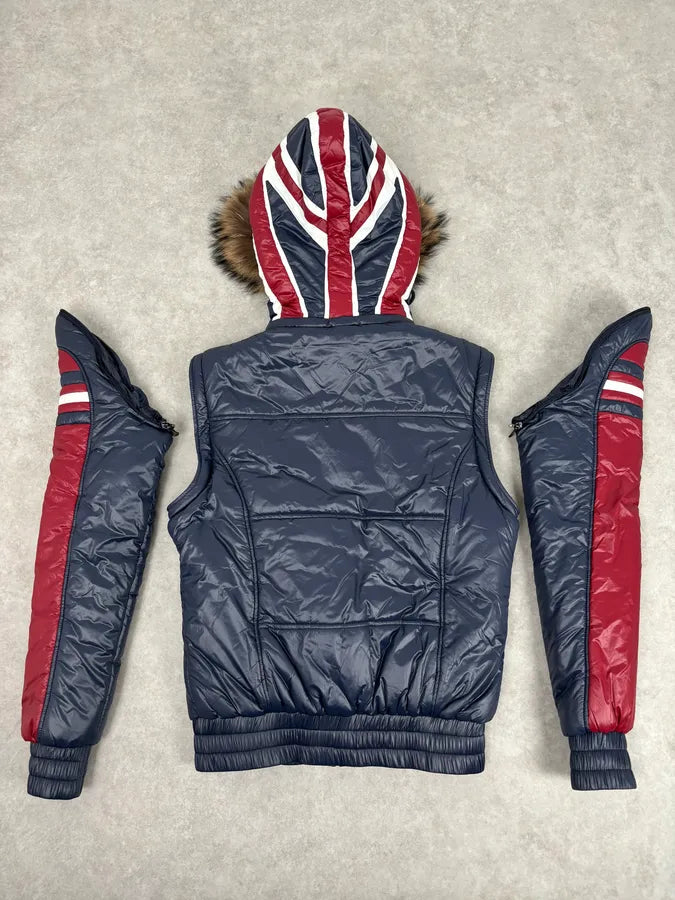 AW2008 Dolce & Gabbana UK Flag Blue & Red Fur Hooded Puffer Jacket YxGIqwS 1