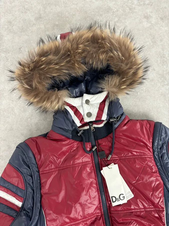 AW2008 Dolce & Gabbana UK Flag Blue & Red Fur Hooded Puffer Jacket YxGIqwS 5