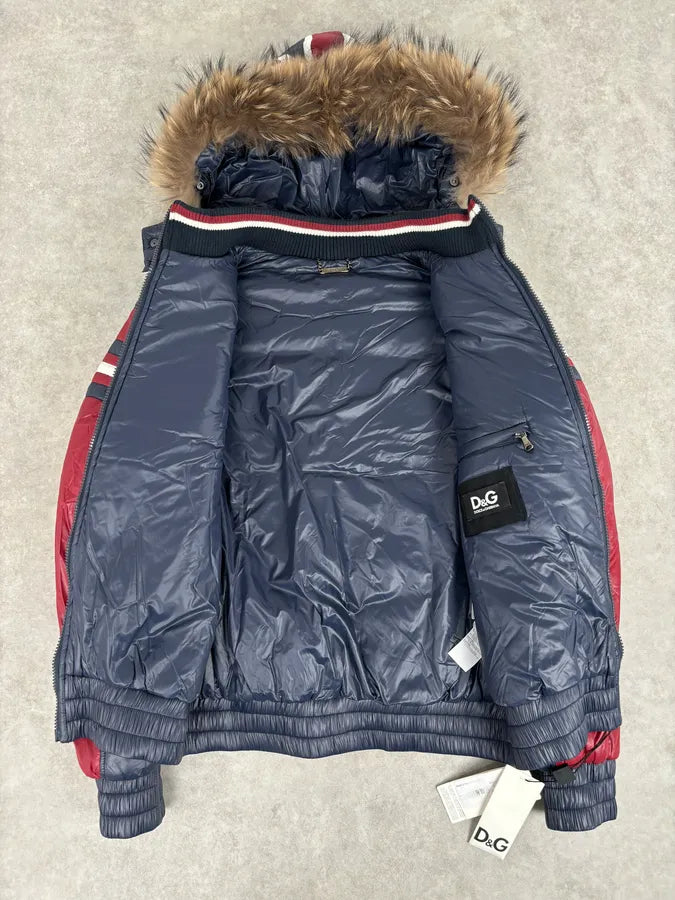 AW2008 Dolce & Gabbana UK Flag Blue & Red Fur Hooded Puffer Jacket YxGIqwS 8