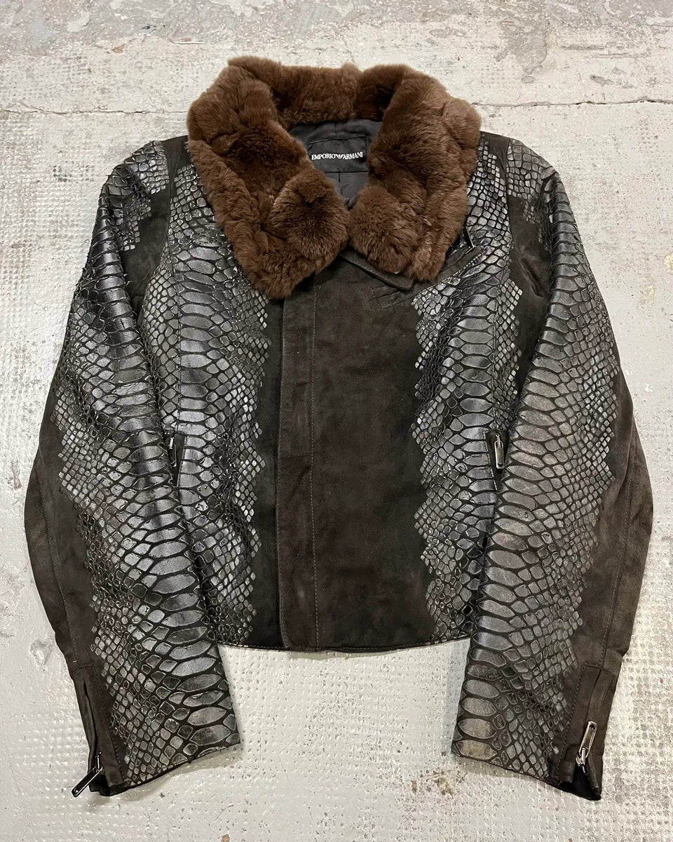 AW2008 Emporio Armani Black Leather Fur Collar Snake Skin Effect Jacket KeOzMjF 0