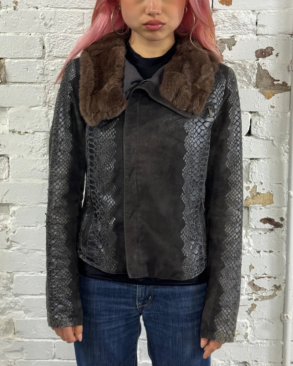 AW2008 Emporio Armani Black Leather Fur Collar Snake Skin Effect Jacket KeOzMjF 2