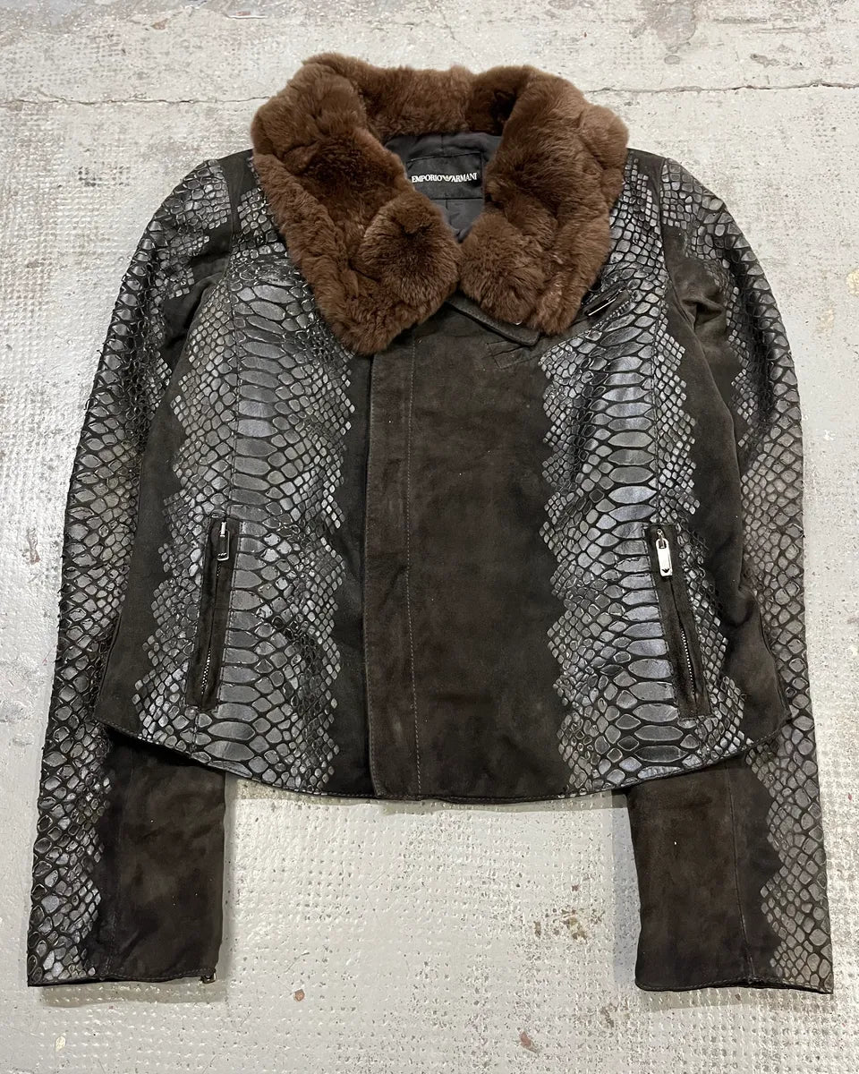 AW2008 Emporio Armani Black Leather Fur Collar Snake Skin Effect Jacket KeOzMjF 4