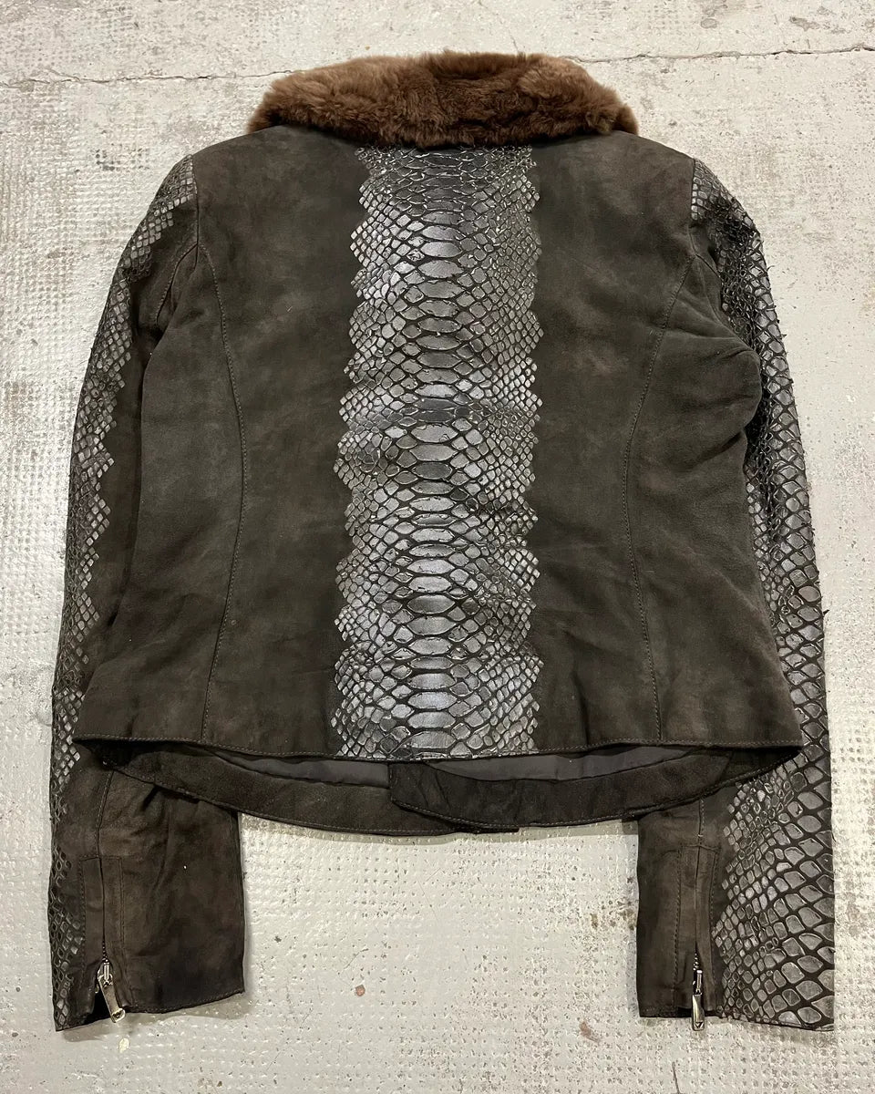 AW2008 Emporio Armani Black Leather Fur Collar Snake Skin Effect Jacket KeOzMjF 7