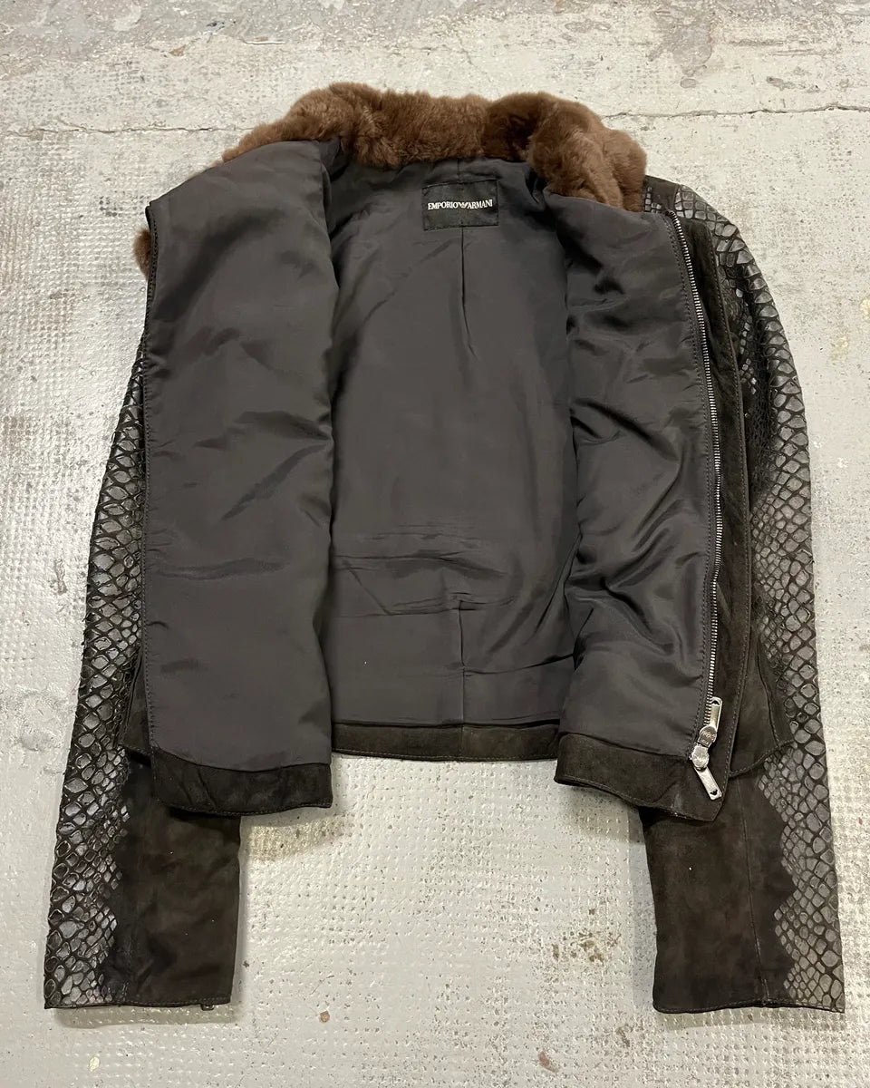 AW2008 Emporio Armani Black Leather Fur Collar Snake Skin Effect Jacket KeOzMjF 8