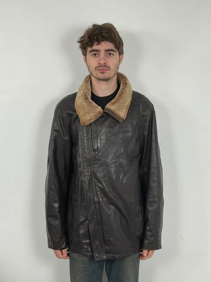 AW2008 Emporio Armani Brown Avant-Garde Fur Collar Leather Jacket rvhHIzX 2