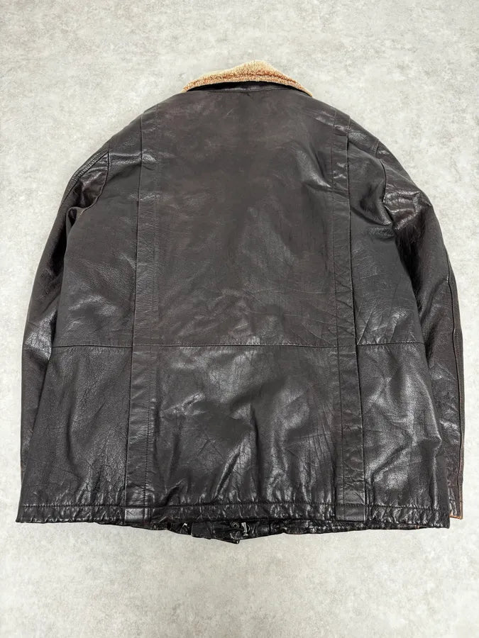 AW2008 Emporio Armani Brown Avant-Garde Fur Collar Leather Jacket rvhHIzX 4