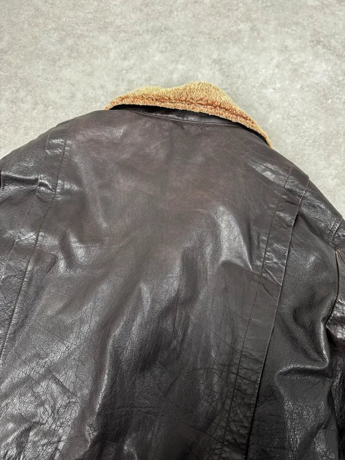 AW2008 Emporio Armani Brown Avant-Garde Fur Collar Leather Jacket rvhHIzX 7