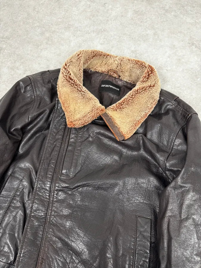 AW2008 Emporio Armani Brown Avant-Garde Fur Collar Leather Jacket rvhHIzX 5