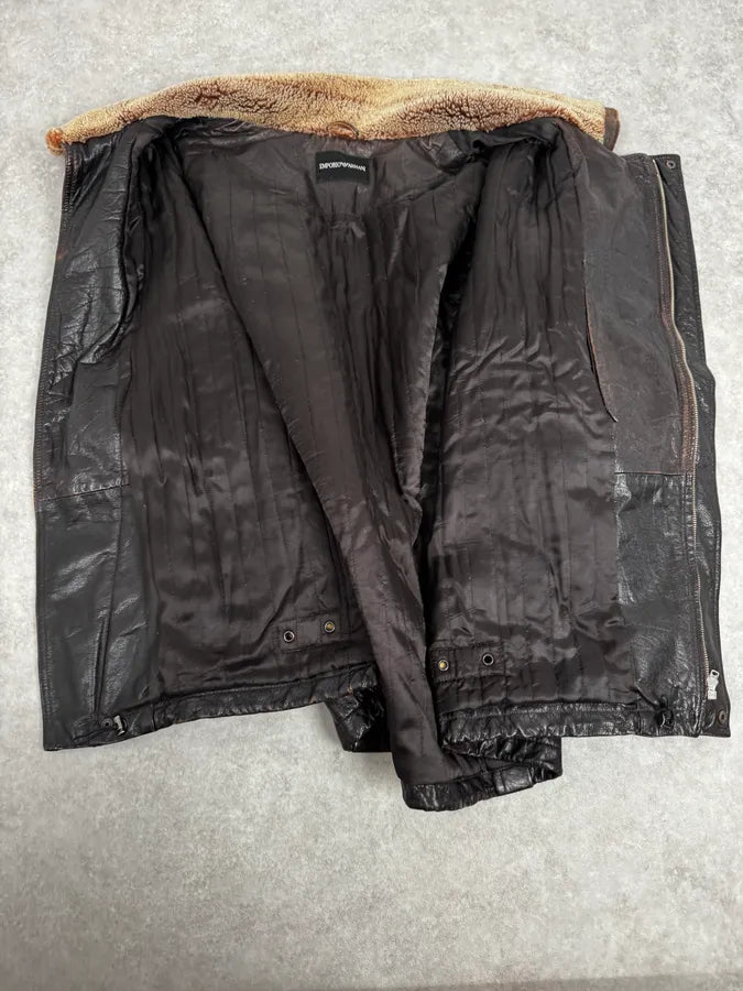 AW2008 Emporio Armani Brown Avant-Garde Fur Collar Leather Jacket rvhHIzX 8