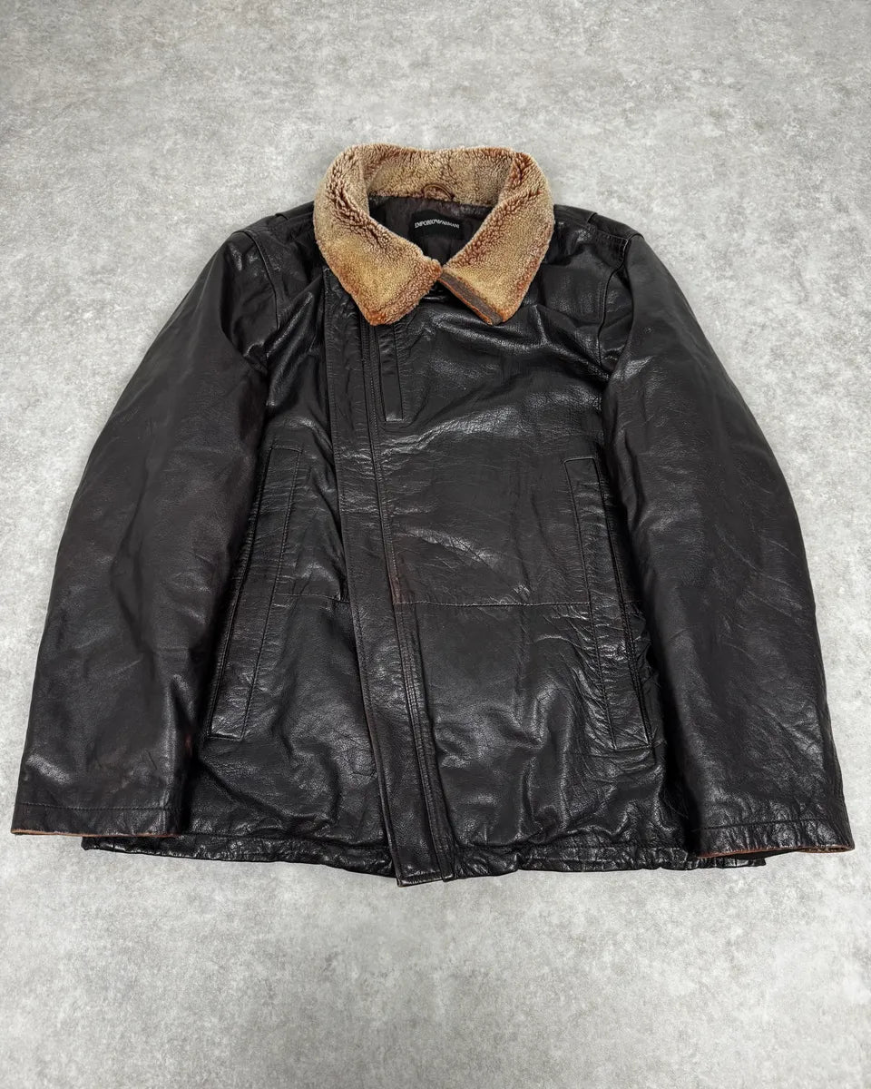 AW2008 Emporio Armani Brown Avant-Garde Fur Collar Leather Jacket rvhHIzX 0