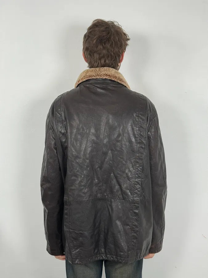 AW2008 Emporio Armani Brown Avant-Garde Fur Collar Leather Jacket rvhHIzX 3