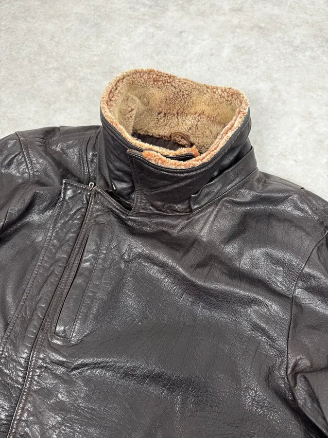 AW2008 Emporio Armani Brown Avant-Garde Fur Collar Leather Jacket rvhHIzX 6