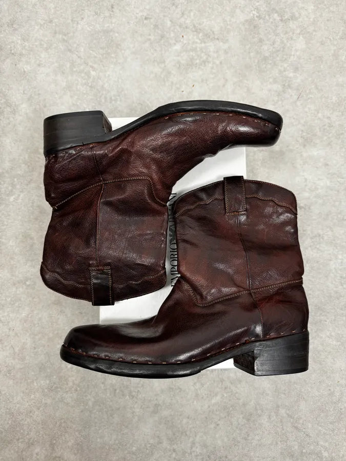 AW2008 Emporio Armani Leather Brown Eroded Cowboy Boots CpMiTdP 1