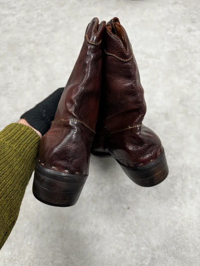 AW2008 Emporio Armani Leather Brown Eroded Cowboy Boots CpMiTdP 3