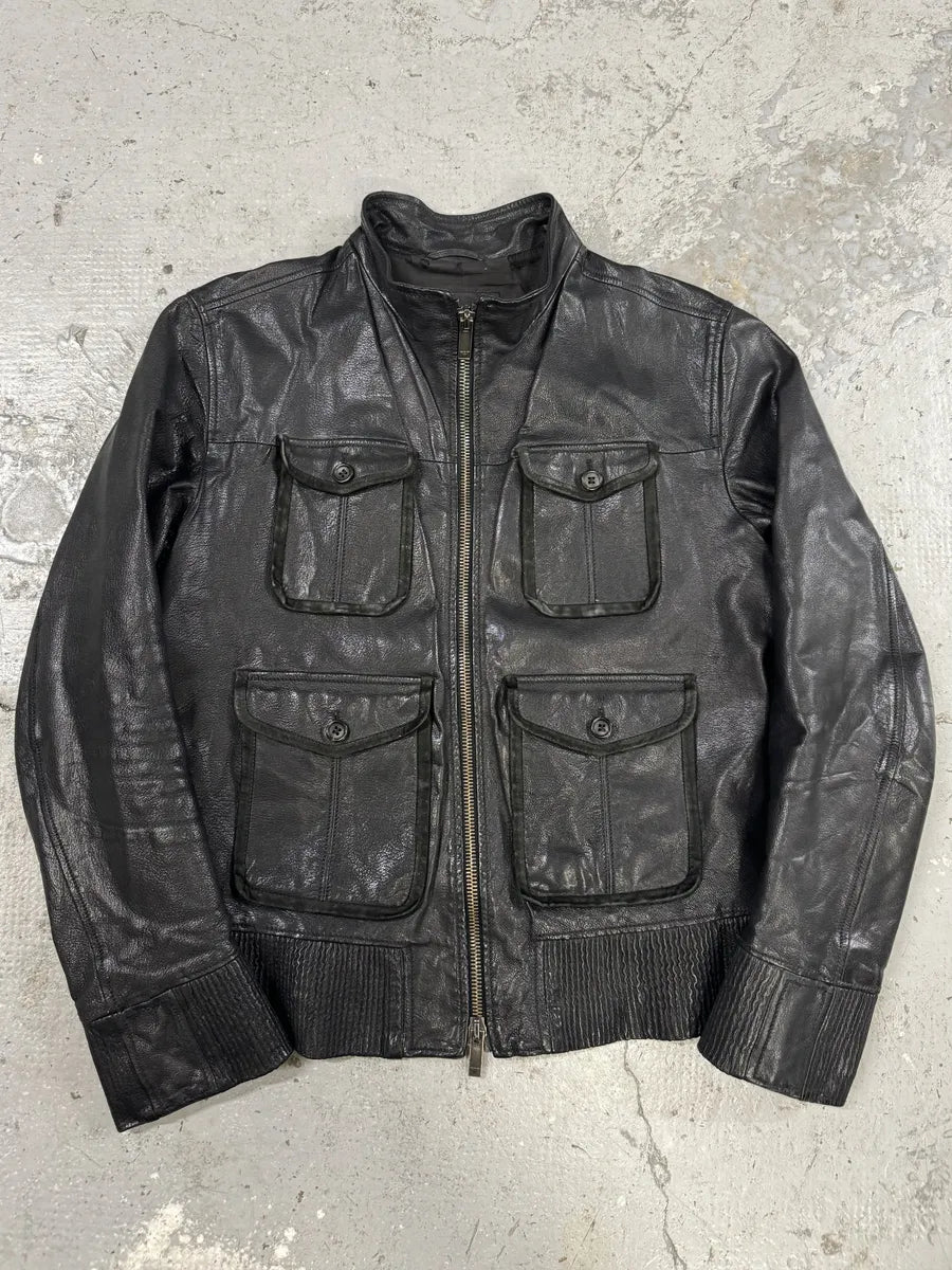 AW2008 Emporio Armani Multi Pockets Black Runway Biker Leather Jacket (M) mTlAZEm 0