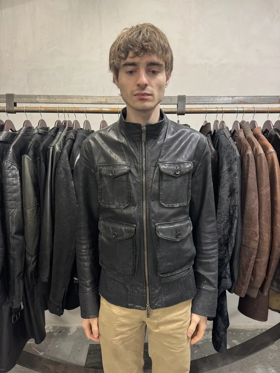 AW2008 Emporio Armani Multi Pockets Black Runway Biker Leather Jacket (M) mTlAZEm 3
