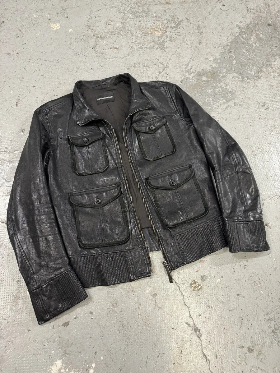 AW2008 Emporio Armani Multi Pockets Black Runway Biker Leather Jacket (M) mTlAZEm 6