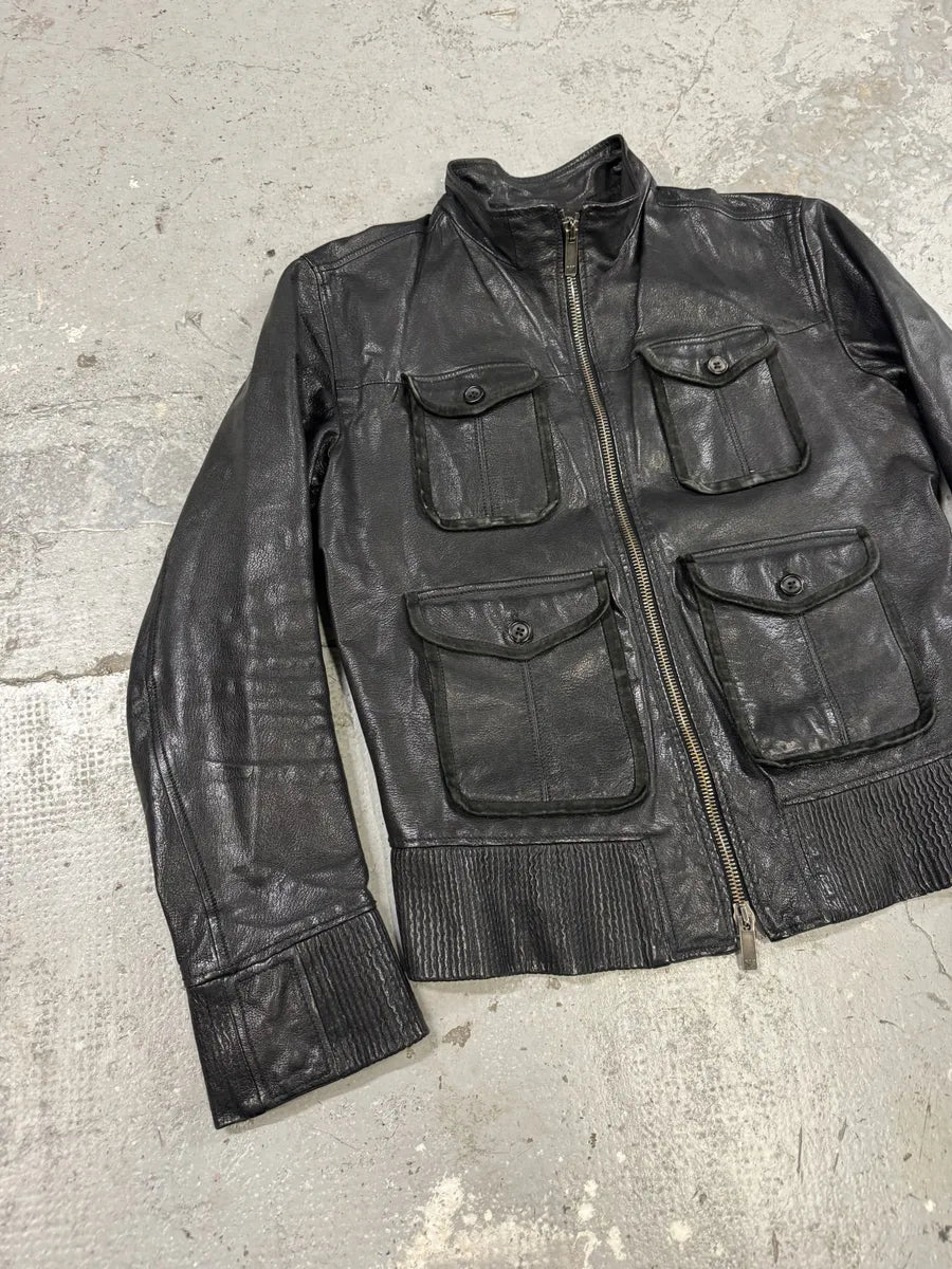 AW2008 Emporio Armani Multi Pockets Black Runway Biker Leather Jacket (M) mTlAZEm 7