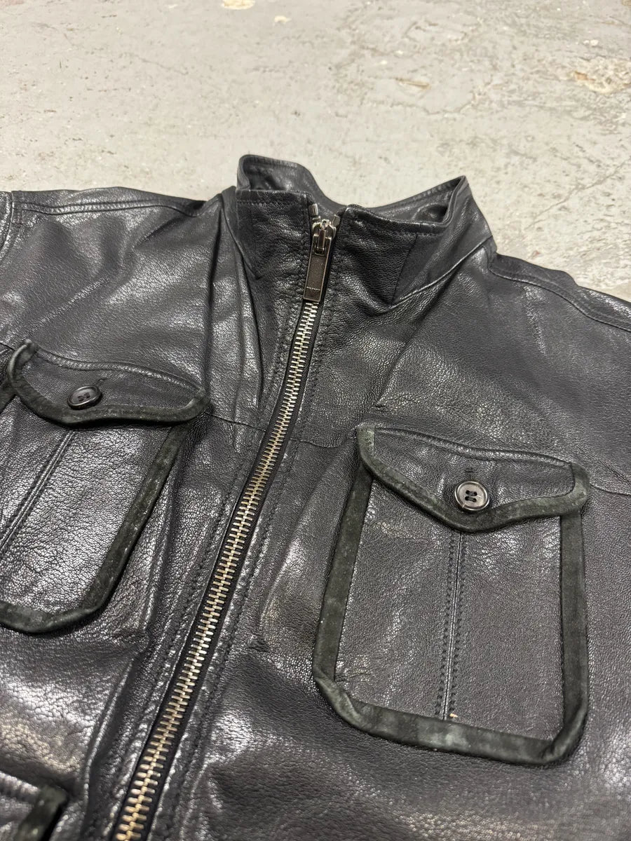 AW2008 Emporio Armani Multi Pockets Black Runway Biker Leather Jacket (M) mTlAZEm 8