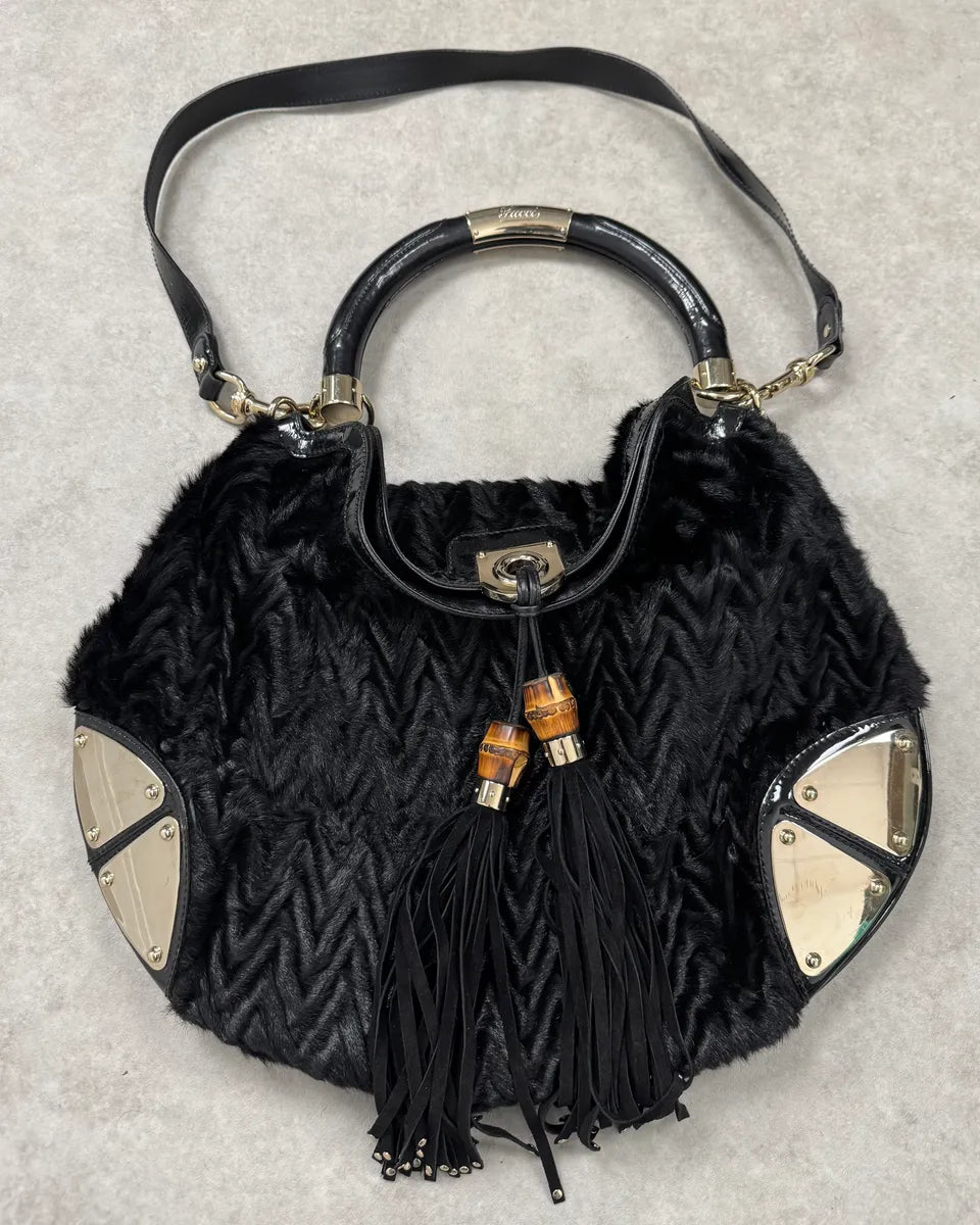 AW2008 Gucci Black Karakul Indy Fur Bamboo Handle Bag pqaxnSm 0