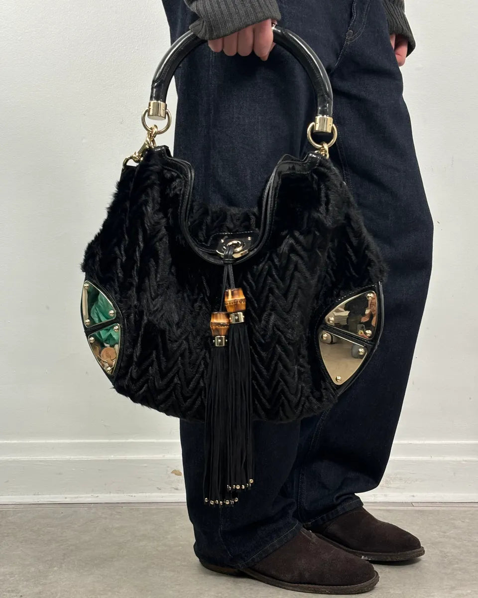 AW2008 Gucci Black Karakul Indy Fur Bamboo Handle Bag pqaxnSm 1