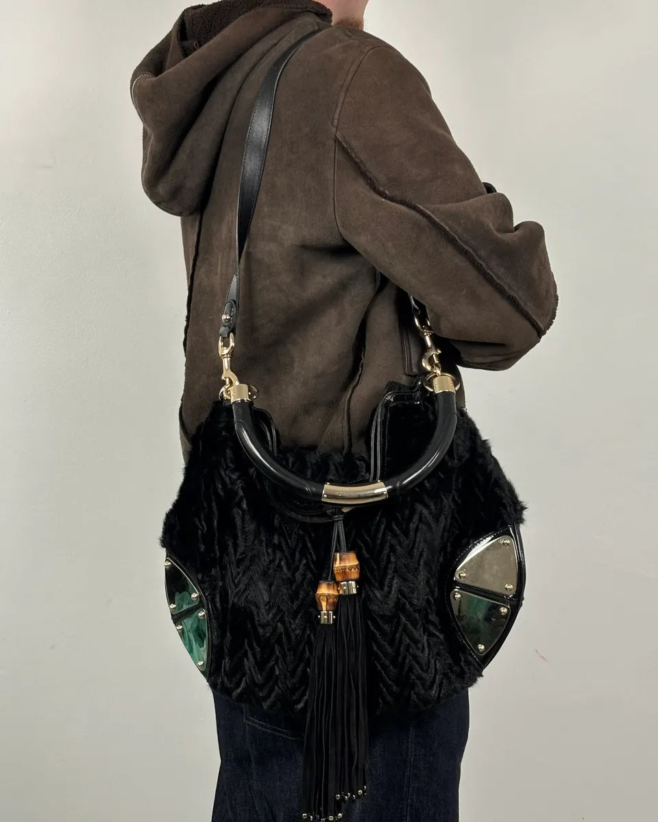 AW2008 Gucci Black Karakul Indy Fur Bamboo Handle Bag pqaxnSm 2