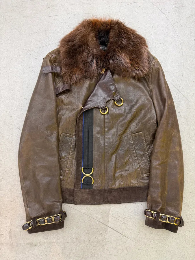 AW2008 Gucci Brown Leather Fur-Collar Jacket by Frida Giannini yfRwNTg 0